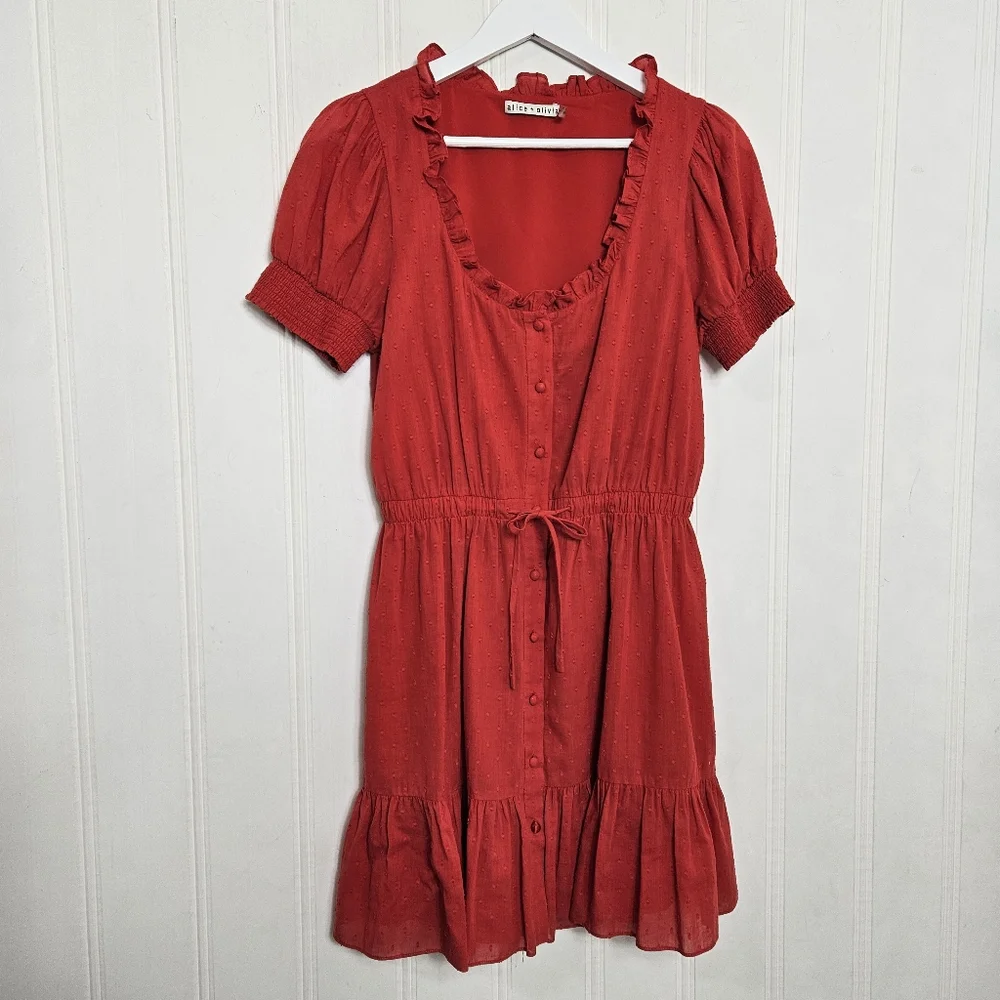 Alice + Olivia Red Swiss Dot Tie Waist Button Dress Sz 6 Ruffle Feminine Chic